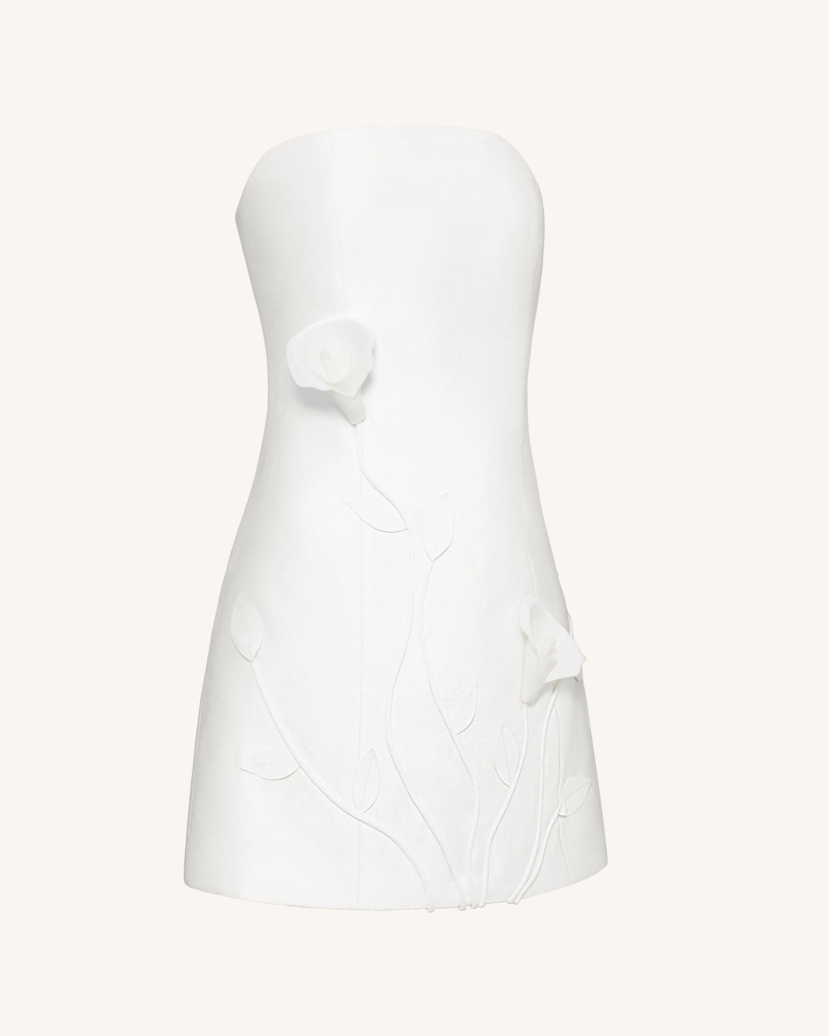 3D藤蔓花卉無肩帶迷你連身裙 – 白色
